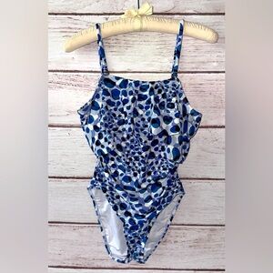 Tahari Abstract Blue Ruffle One-Piece Swimsuit – Size Small